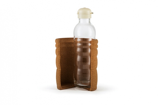 Glasflasche mit Korkummantelung und Holzdeckel. Entworfen nach dem Goldenen Schnitt und mit der Blume des Lebens. Ökologisch, nachhaltig und fair produziert.